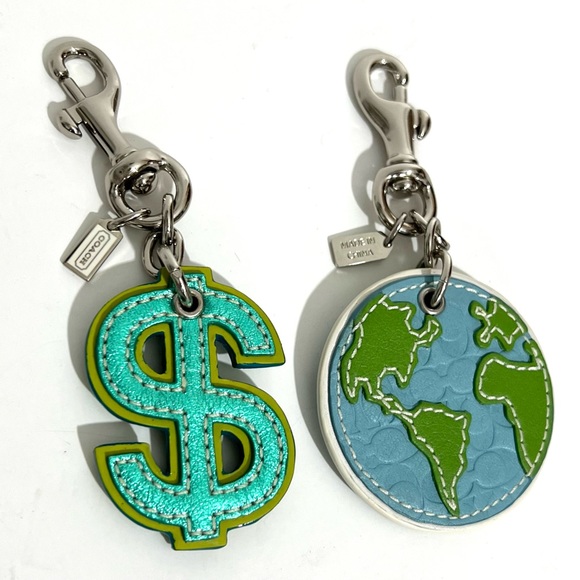 Coach Accessories - Coach Vtg Keychain Key Fob Earth Globe Dollar Sign Leather Charm Lot Of 2
